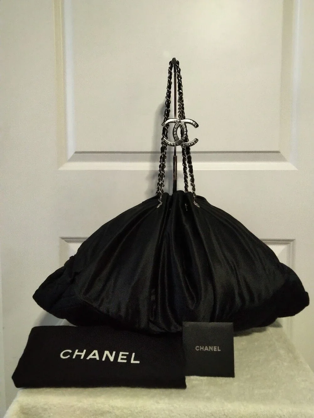 Authentic Chanel Melrose Cabas Black Satin Tote